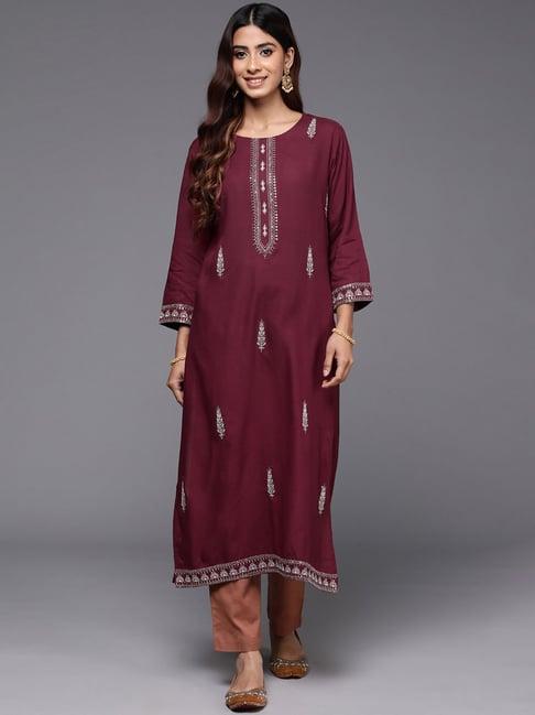 indo era maroon embroidered a line kurta