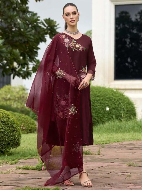 indo era maroon embroidered kurta and pant set with dupatta