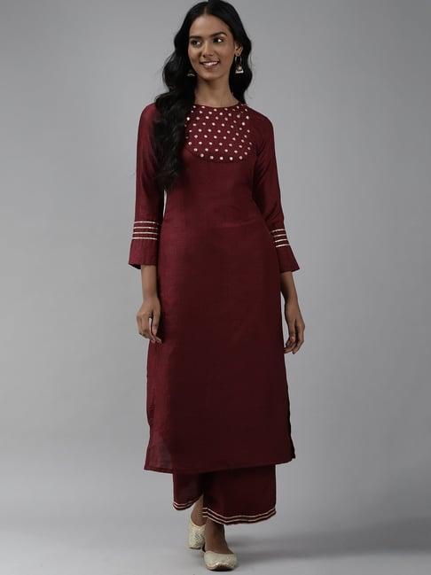 indo era maroon embroidered kurta palazzo set