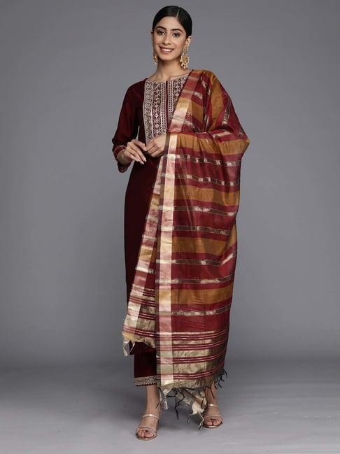 indo era maroon embroidered kurta pant set with dupatta