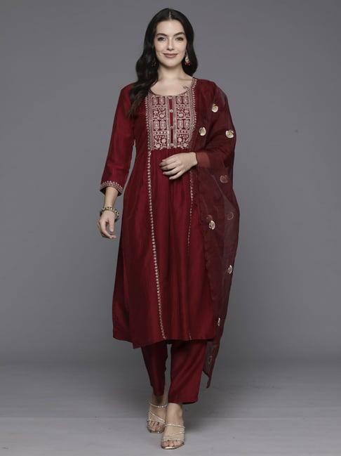 indo era maroon embroidered kurta pant set with dupatta