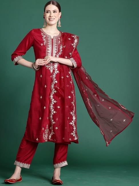 indo era maroon embroidered kurta pant set with dupatta