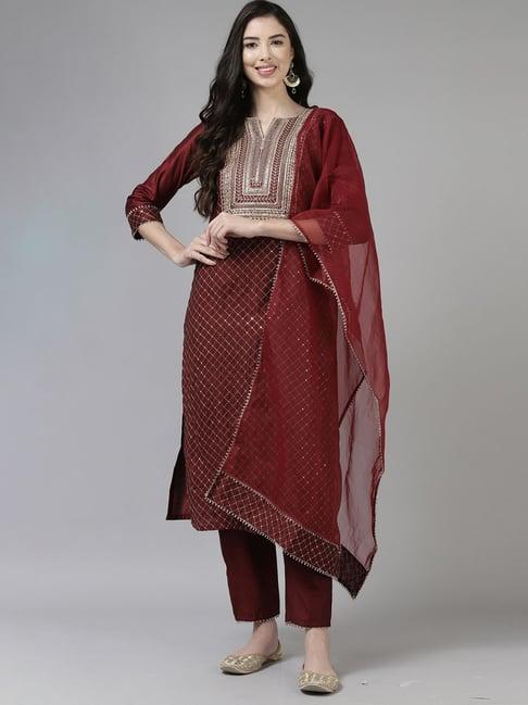 indo era maroon embroidered kurta pant set with dupatta