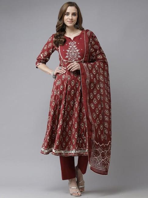 indo era maroon embroidered kurta pant set with dupatta