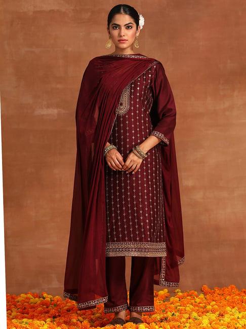 indo era maroon embroidered kurta with pant & dupatta