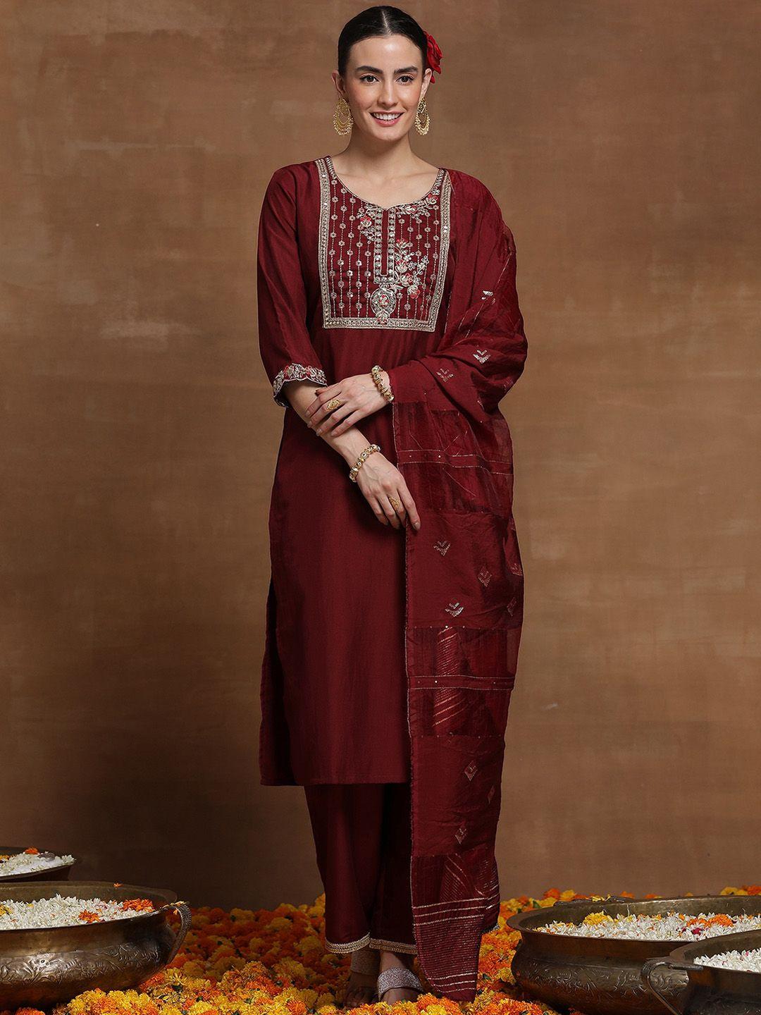 indo era maroon ethnic motif embroidered straight kurta & trousers with dupatta