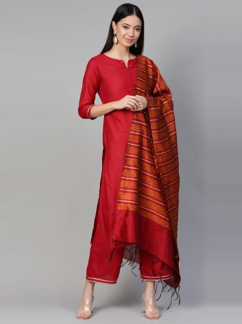 indo era maroon kurta pant set with dupatta