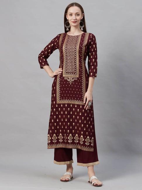 indo era maroon printed kurta & palazzo set