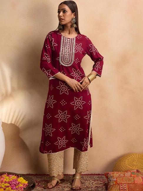 indo era maroon printed straight kurta