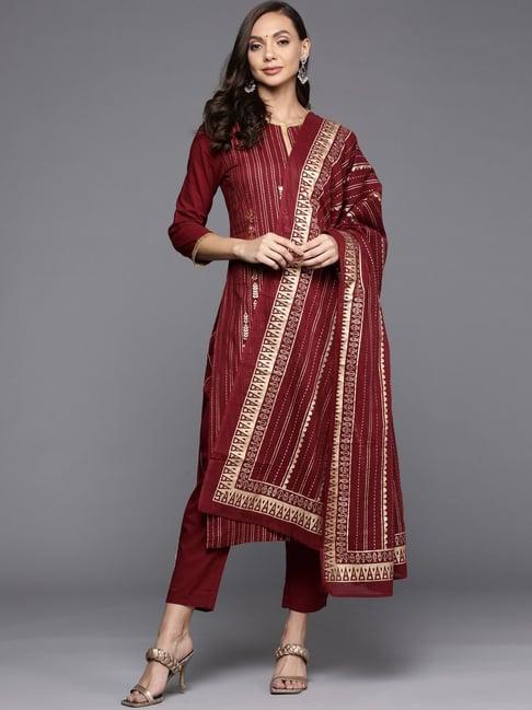 indo era maroon pure cotton printed kurta pant set with dupatta