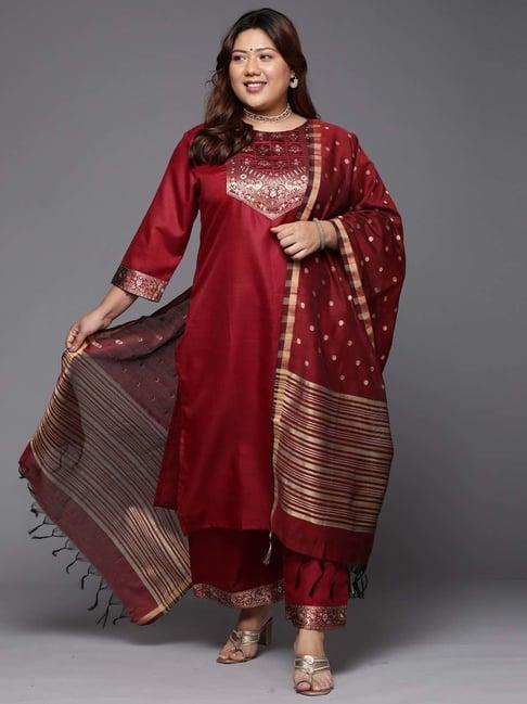 indo era maroon woven pattern kurta palazzo set with dupatta