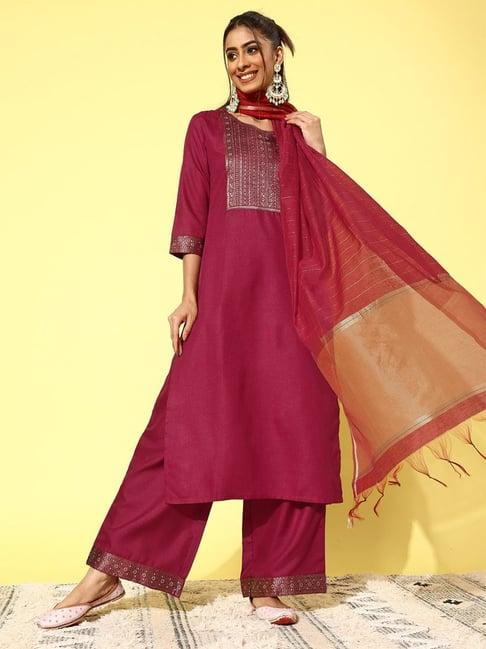 indo era maroon woven pattern kurta palazzo set with dupatta