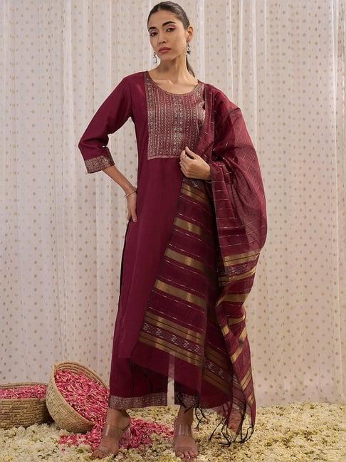 indo era maroon woven pattern kurta palazzo set with dupatta