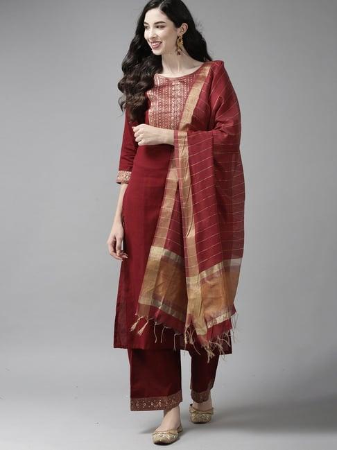 indo era maroon woven pattern kurta palazzo set with dupatta