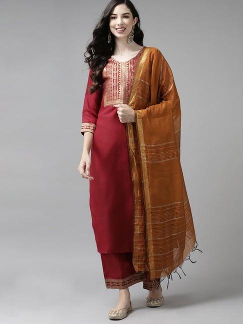 indo era maroon woven pattern kurta palazzo set with dupatta