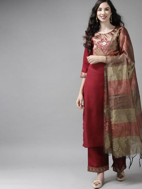 indo era maroon woven pattern kurta palazzo set with dupatta