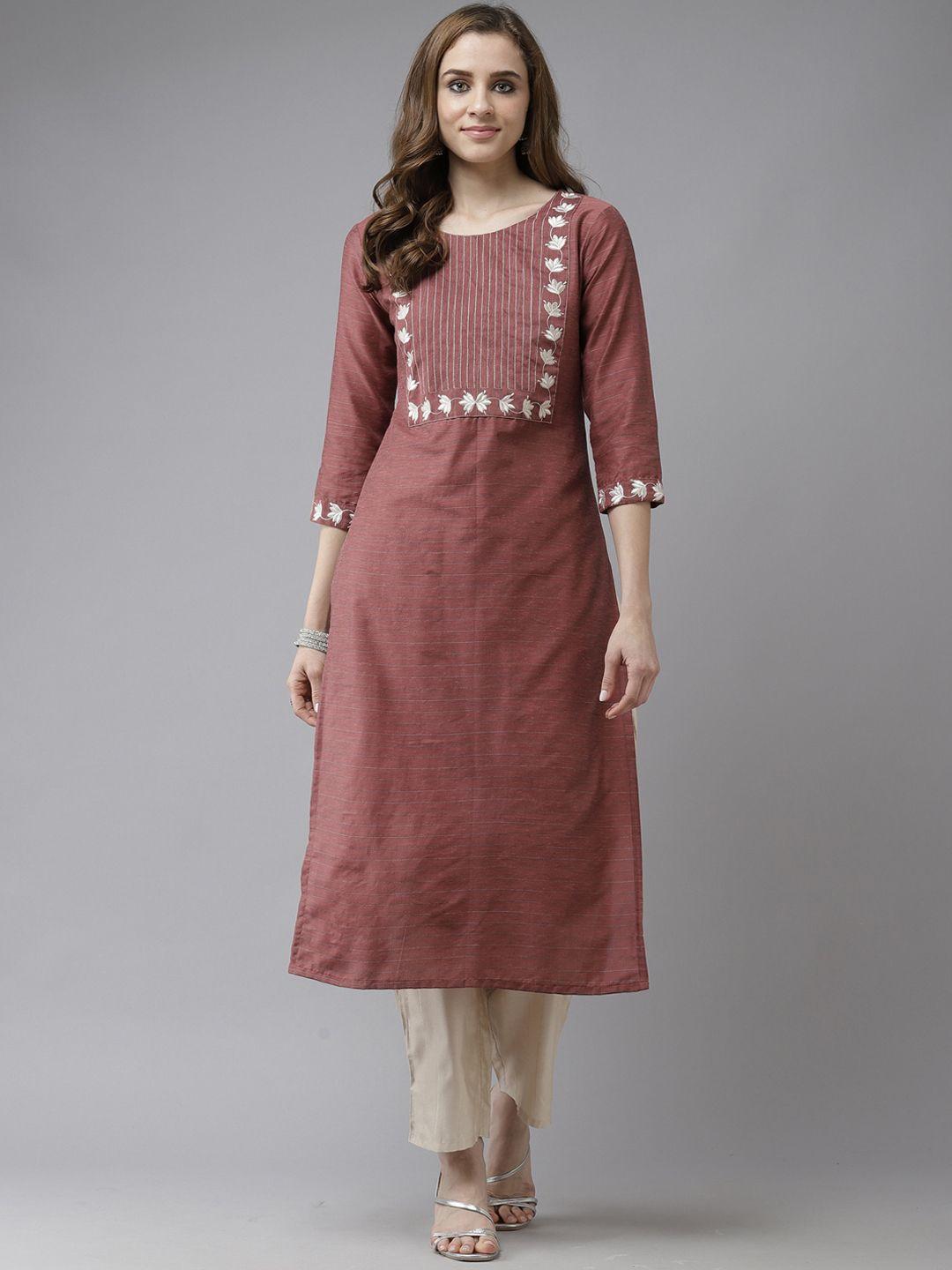 indo era mauve & white floral embroidered straight kurta