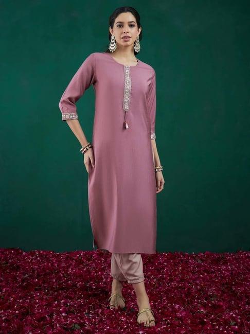 indo era mauve embroidered straight kurta