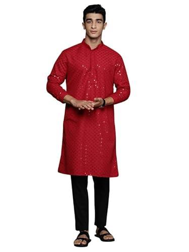 indo era men's red geometric cotton embroidered straight kurta (mkt3rd1281_x-large)