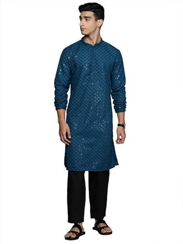 indo era men's teal geometric cotton embroidered straight kurta (mkt3tl1277_medium)