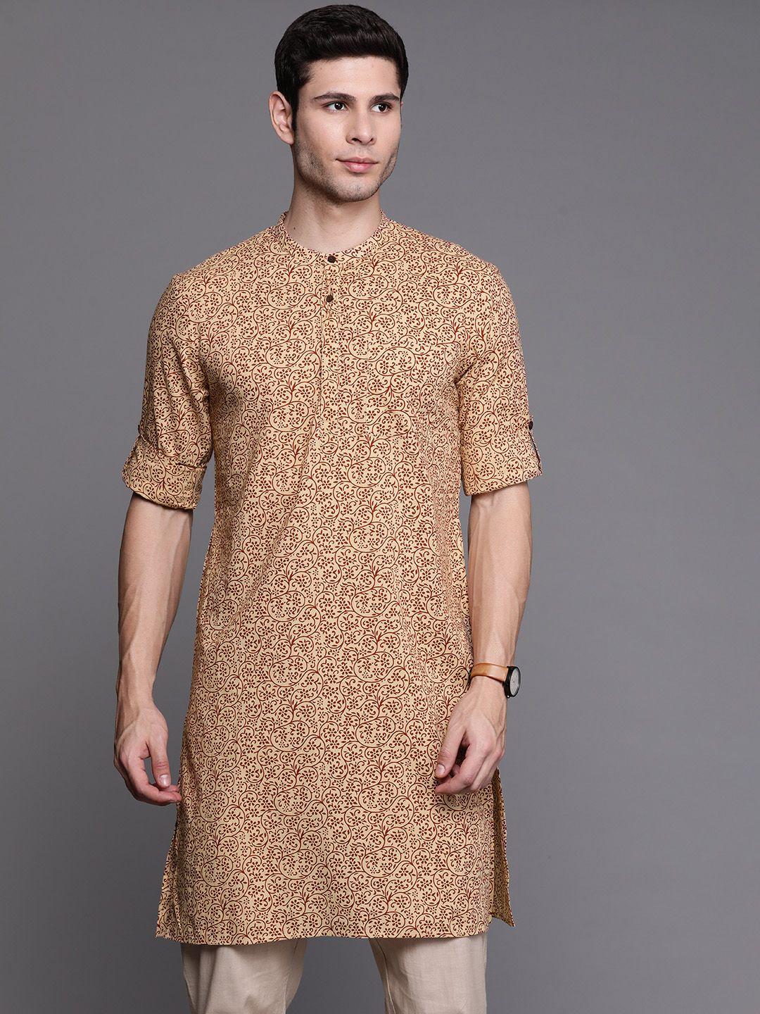 indo era men beige & maroon ethnic motifs printed pure cotton kurta