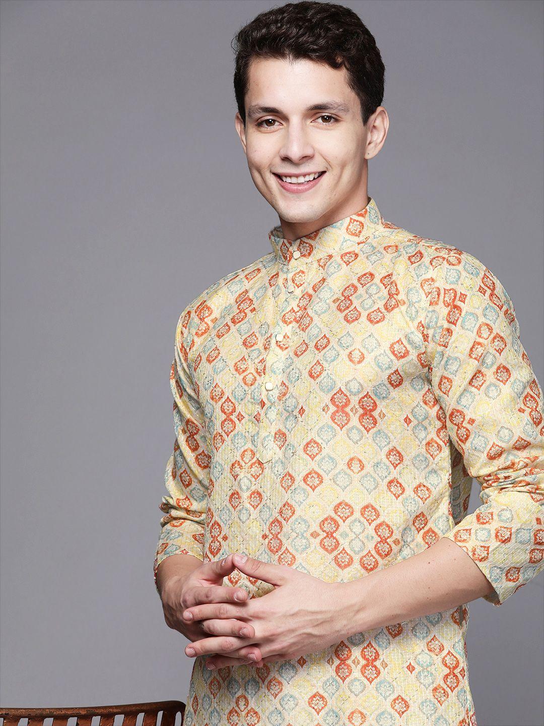 indo era men beige & red ethnic motifs printed kurta