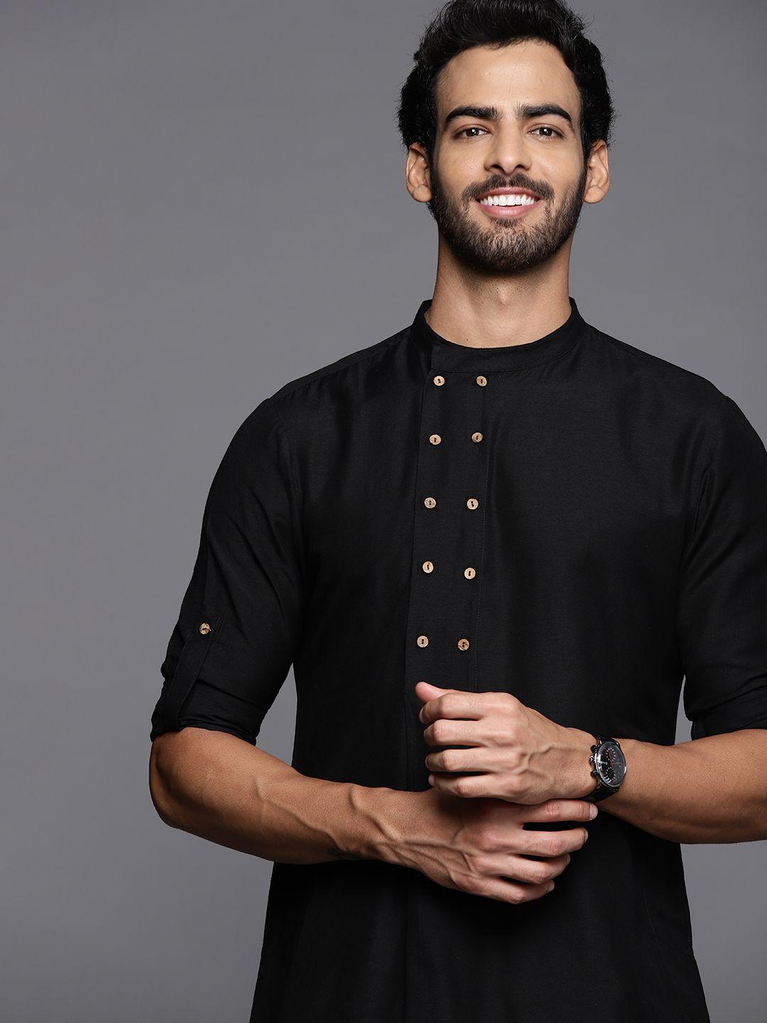 indo era men black cotton kurta