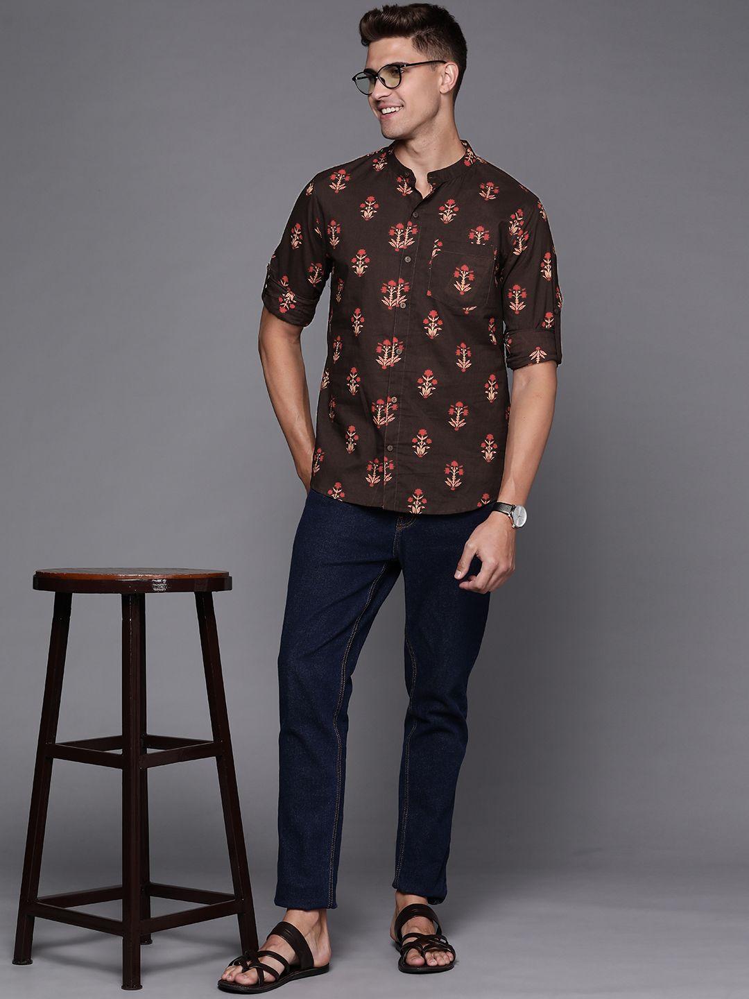 indo era men brown & maroon smart printed cotton casual shirt