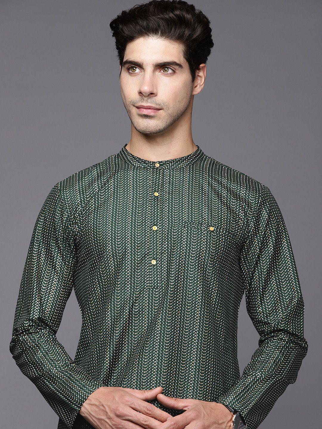 indo era men geometric printed indigo kurta