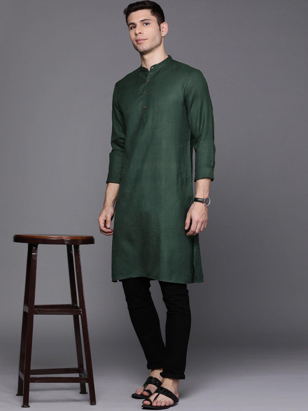 indo era men green solid kurta