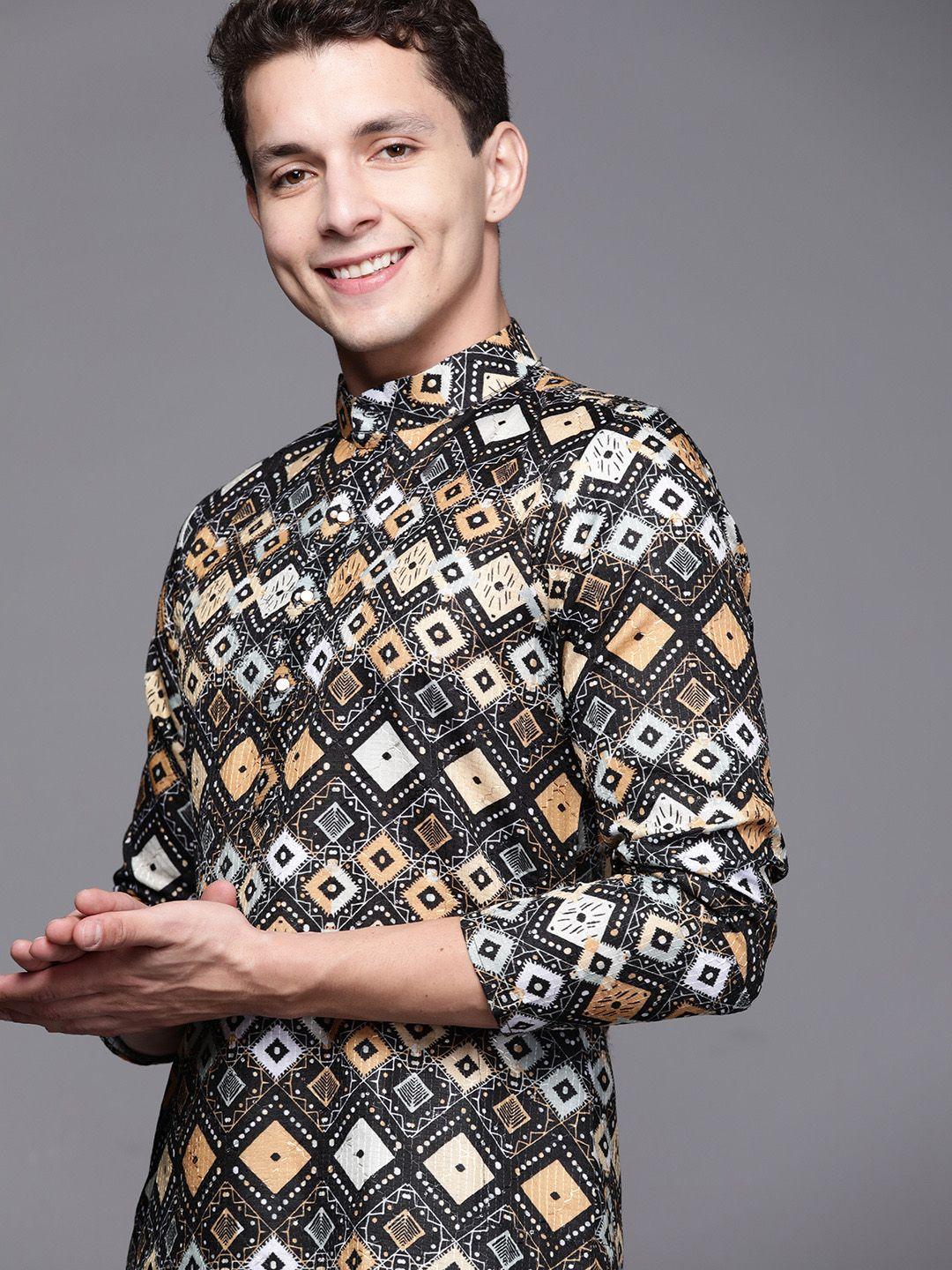 indo era men grey & brown ethnic motifs printed kurta