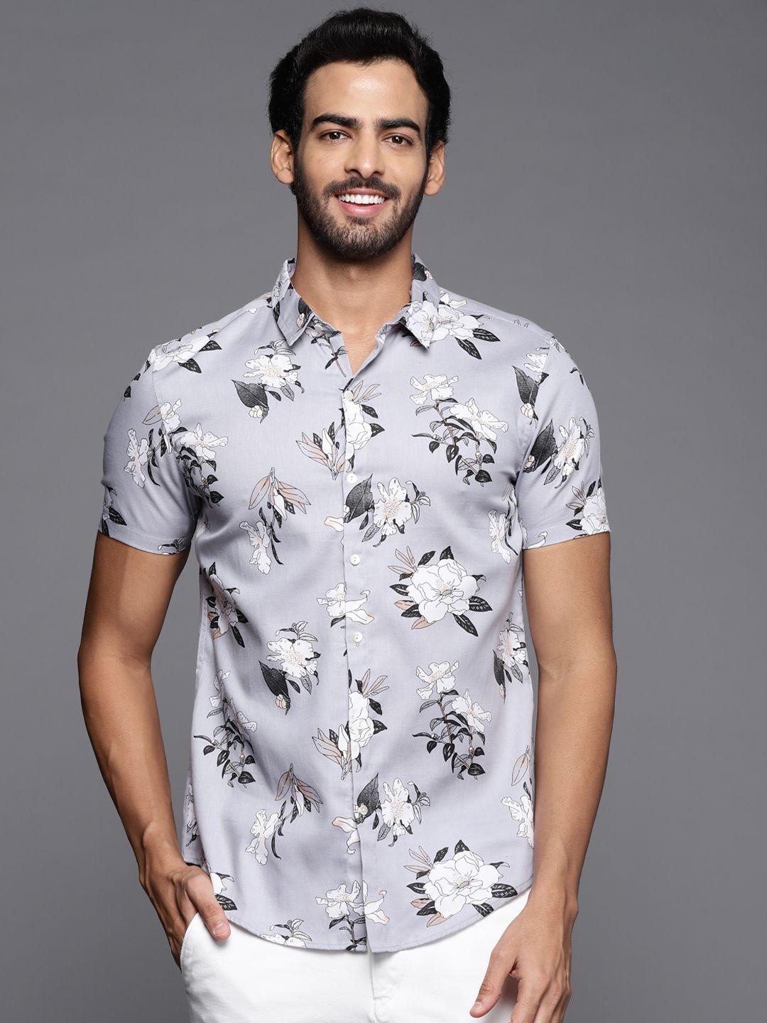 indo era men grey smart floral printed liva casual shirt