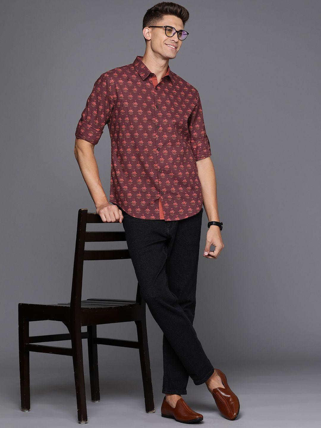 indo era men maroon & peach-coloured smart printed cotton casual shirt