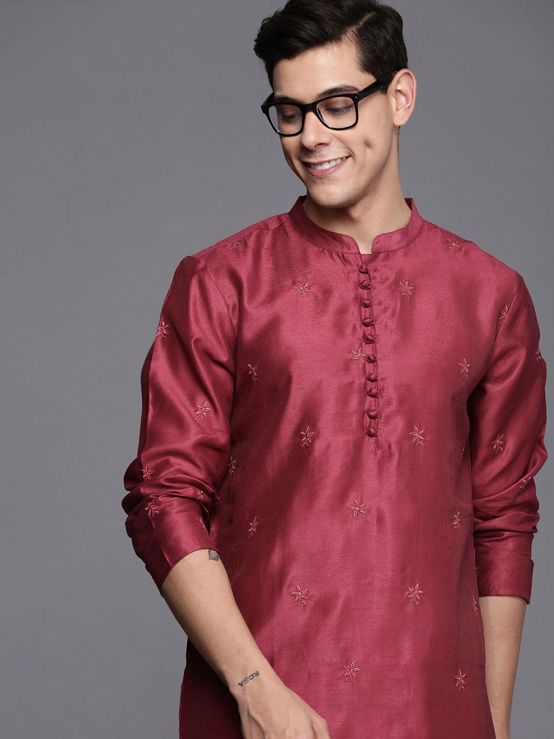 indo era men maroon ethnic motifs embroidered kurta