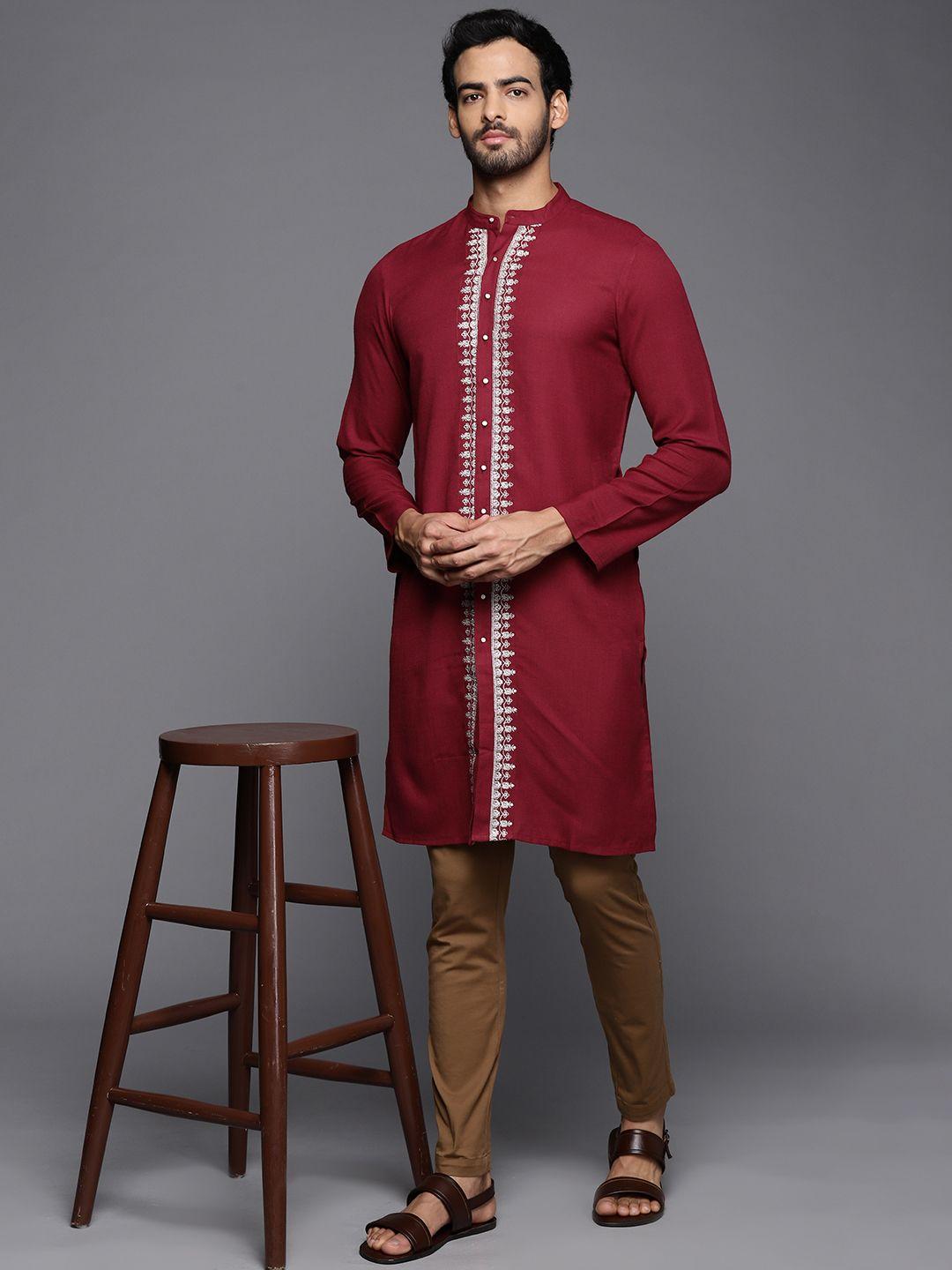 indo era men maroon floral thread work cotton kurta