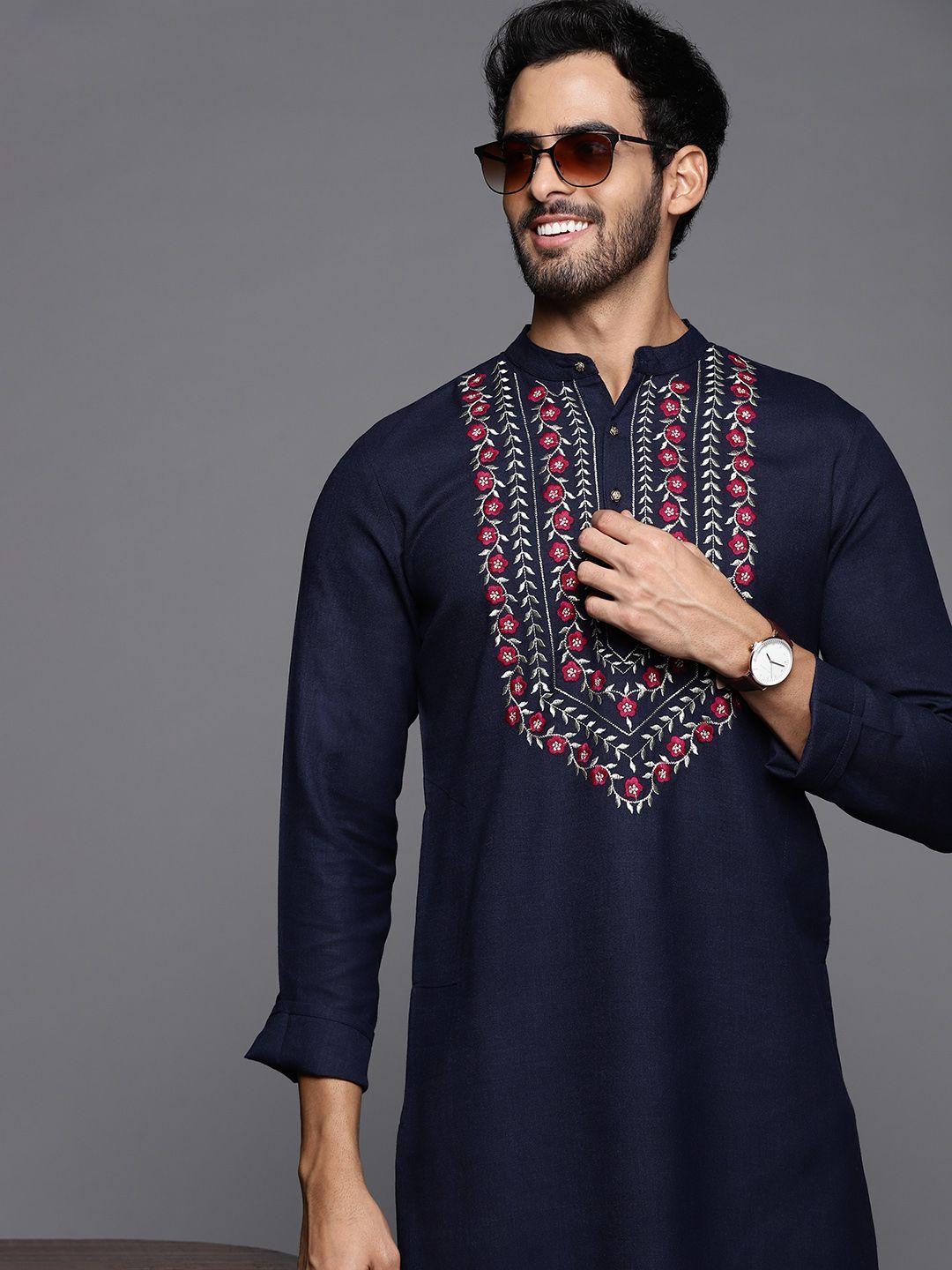 indo era men navy blue floral yoke design thread work cotton floral kurta