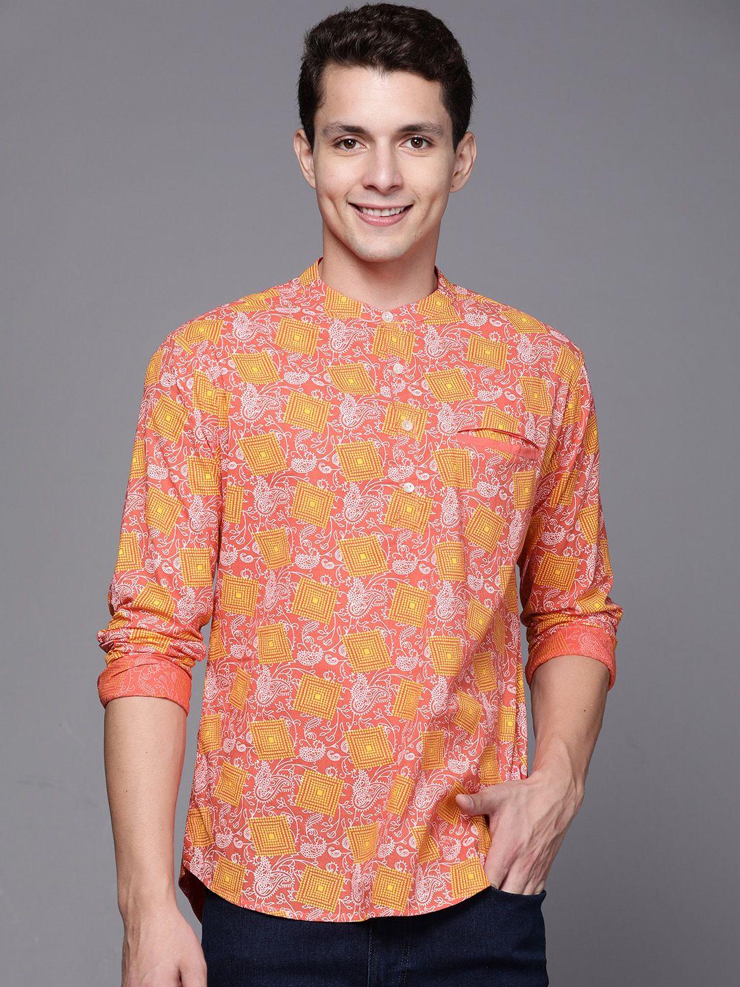 indo era men pink & mustard yellow cotton block print kurta