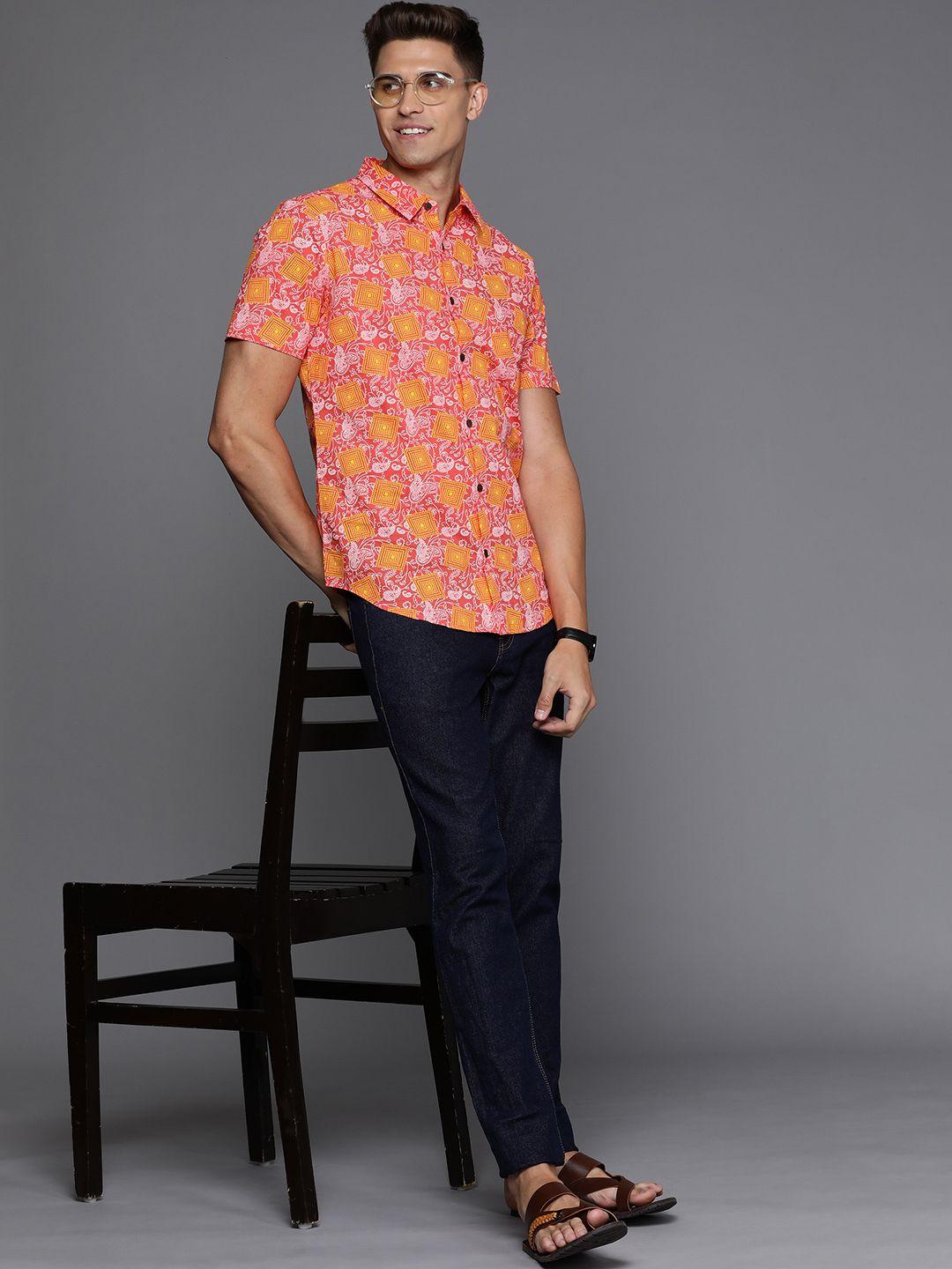 indo era men pink & yellow smart printed cotton casual shirt