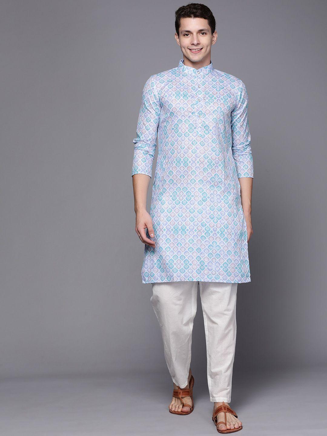 indo era men white & blue ethnic motifs printed kurta