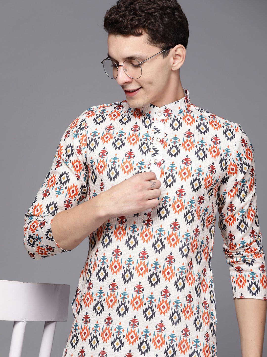 indo era men white & red ethnic motifs printed kurta