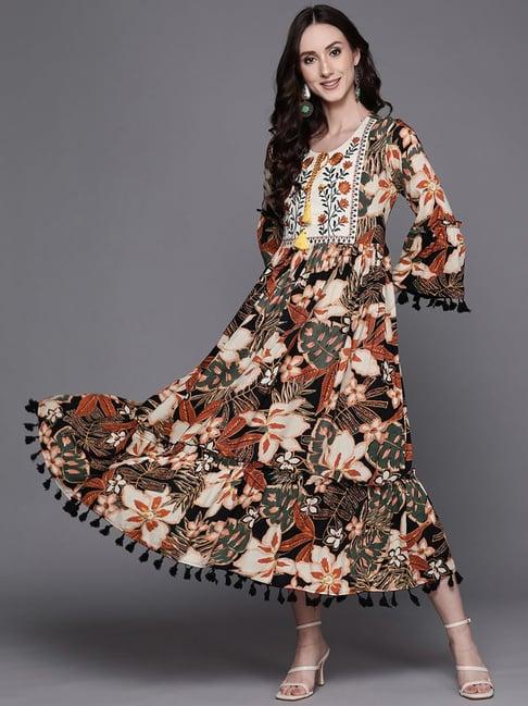 indo era multicolored floral print a-line dress