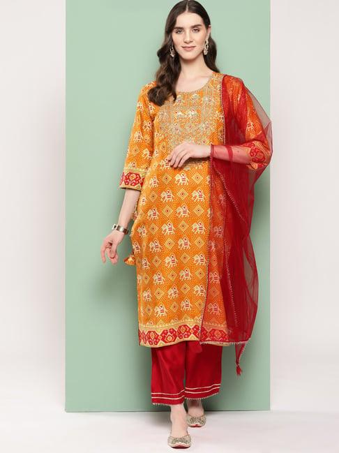 indo era mustard & red embroidered kurta with palazzo & dupatta