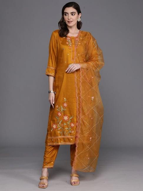 indo era mustard embroidered kurta pant set with dupatta