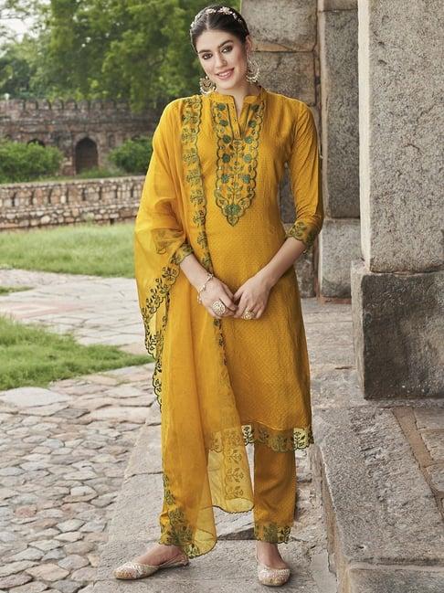 indo era mustard embroidered kurta pant set with dupatta