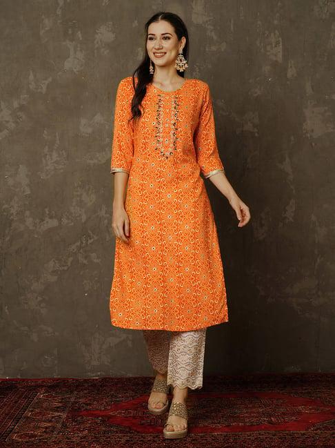 indo era mustard embroidered straight kurta