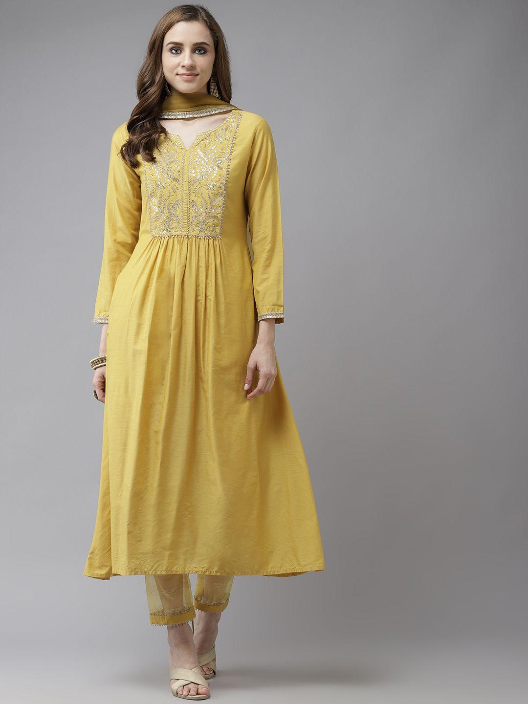 indo era mustard yellow & gold floral yoke design zari a-line kurta trousers dupatta