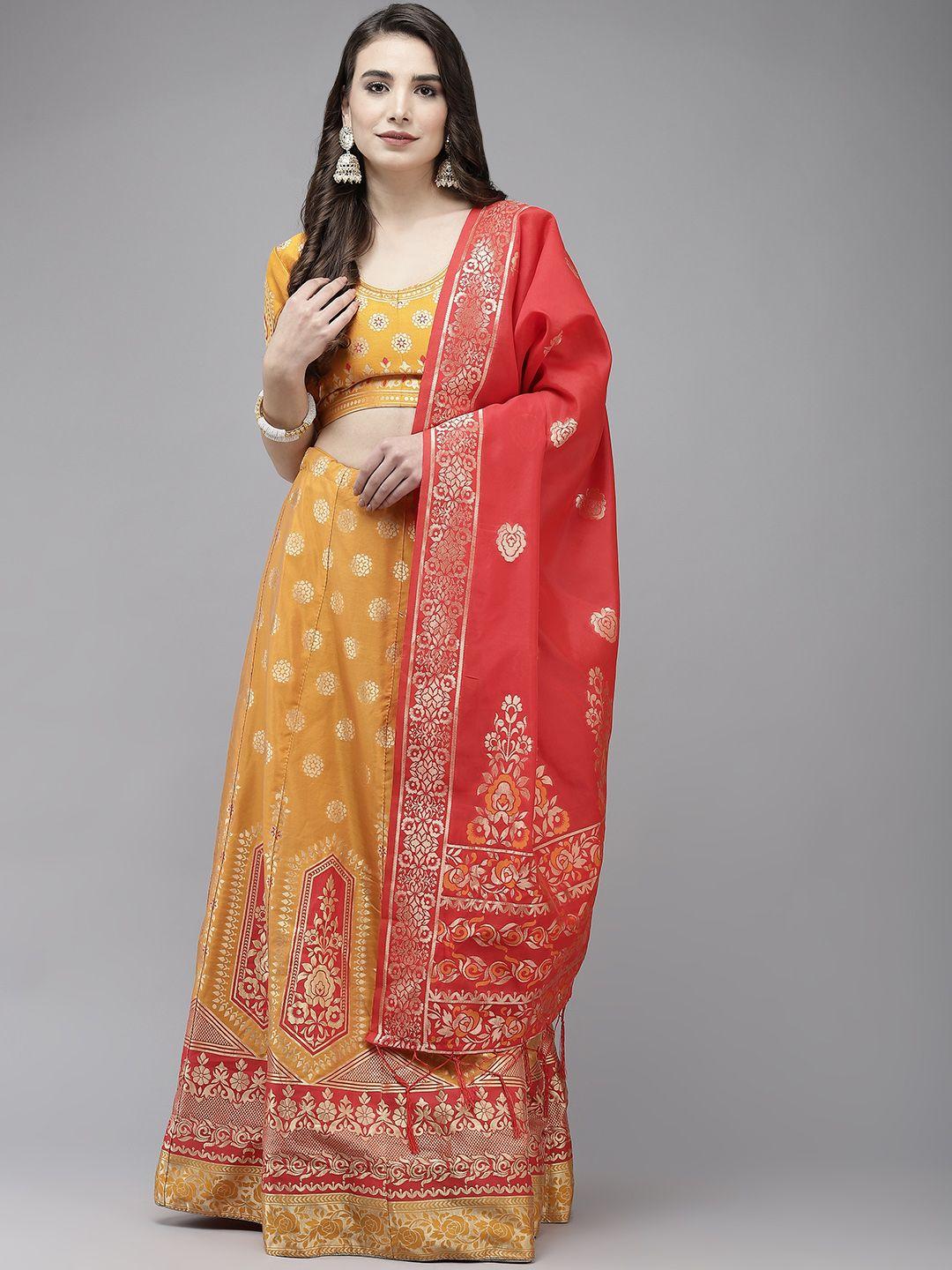 indo era mustard yellow & red semi-stitched lehenga & unstitched blouse with dupatta