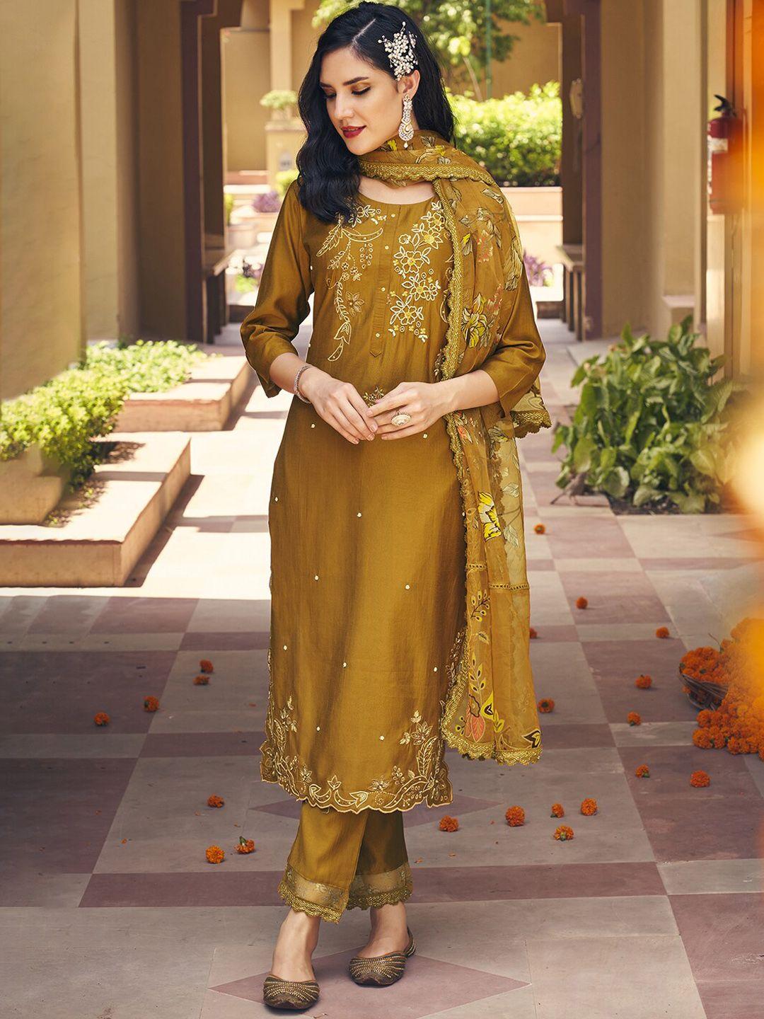 indo era mustard yellow floral embroidered kurta with trousers & dupatta