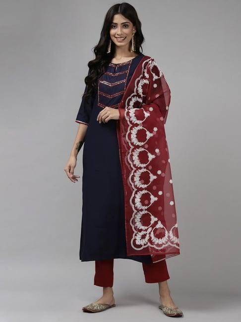 indo era navy & maroon embellished kurta pant set with dupatta