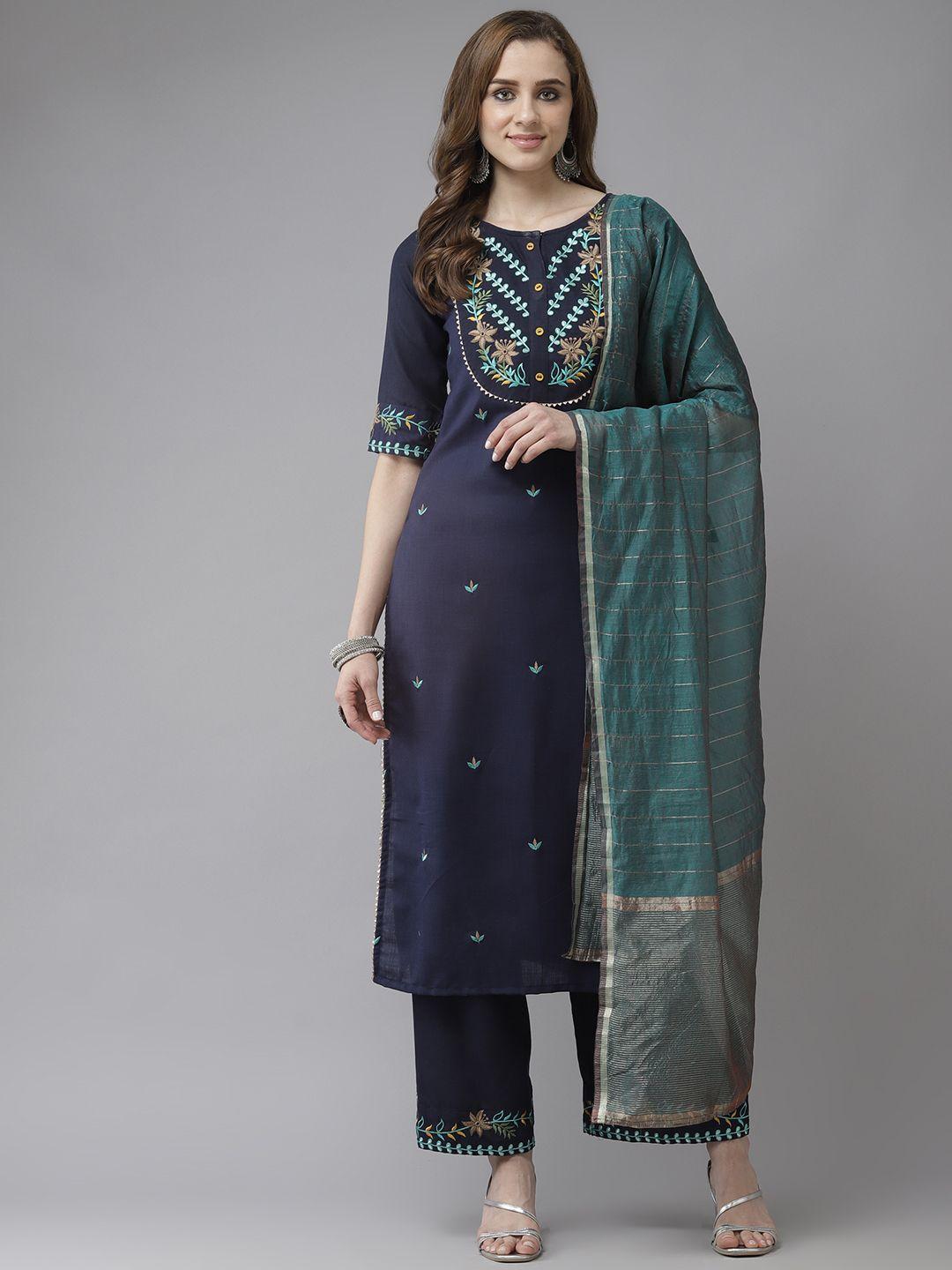 indo era navy blue & green floral embroidered straight kurta with palazzos & with dupatta